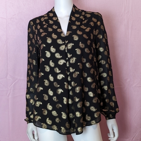 Michael Kors Black and Gold Metallic Paisley Print Long Sleeve V Neck Blouse S - Picture 1 of 7